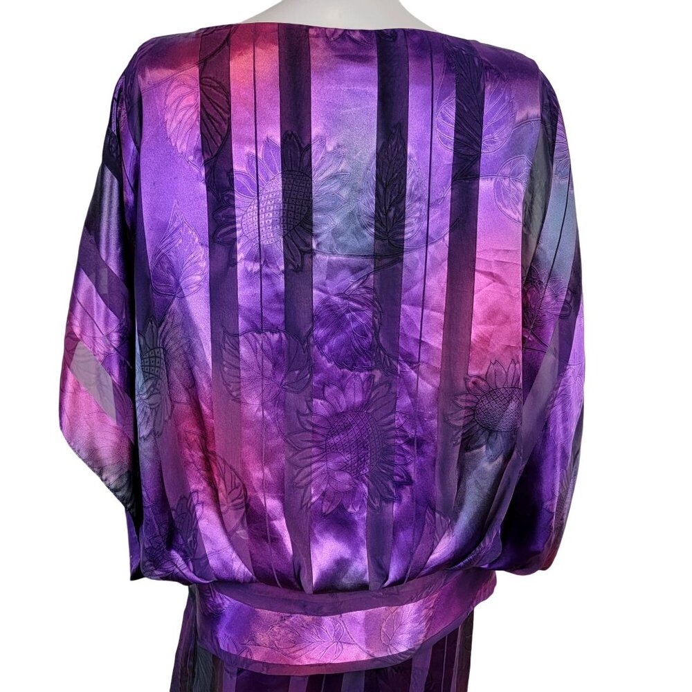 Vintage 80s Set Women 12 Colorful Floral Stripe Midi Skirt Blouse Top Shirt Pink - Picture 14 of 16